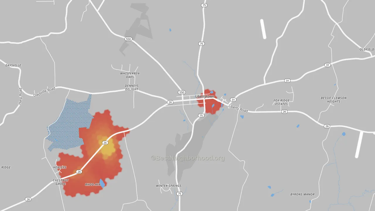 Walk Grade map of 21762, MD, walkable areas in green and car-dependent areas in red