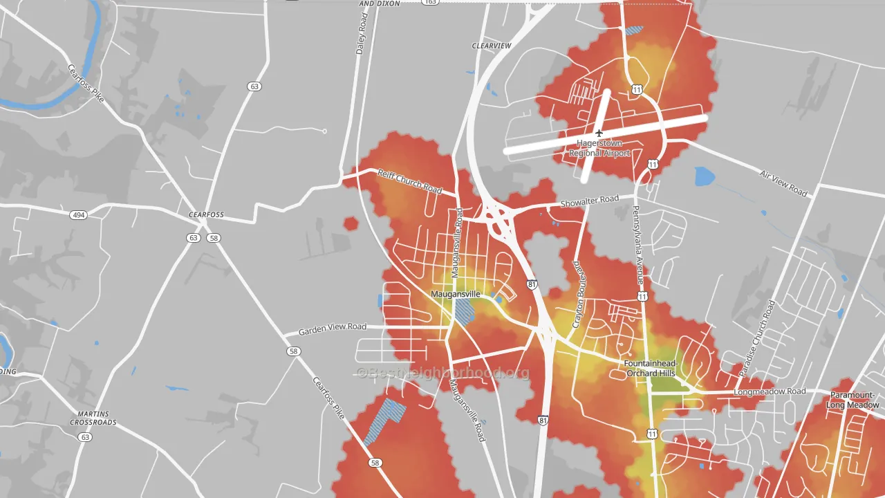 Walk Grade map of 21767, MD, walkable areas in green and car-dependent areas in red