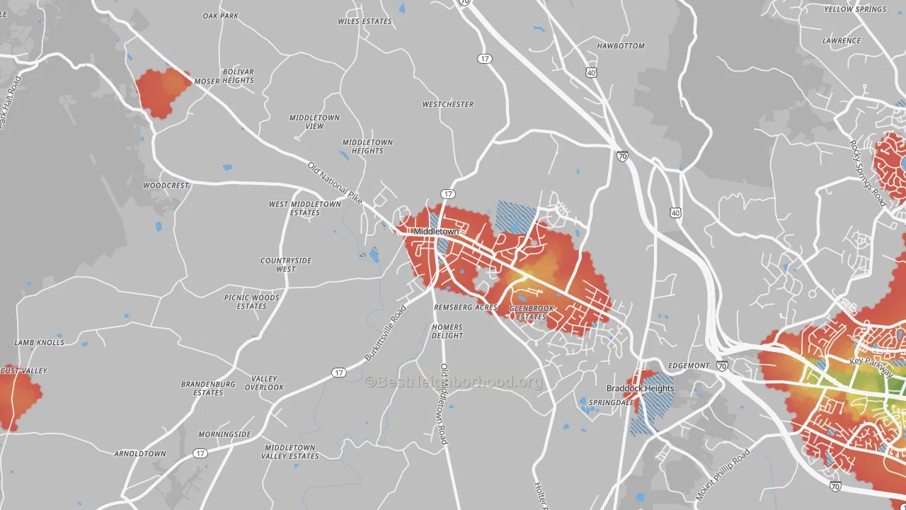 Walk Grade map of 21769, MD, walkable areas in green and car-dependent areas in red
