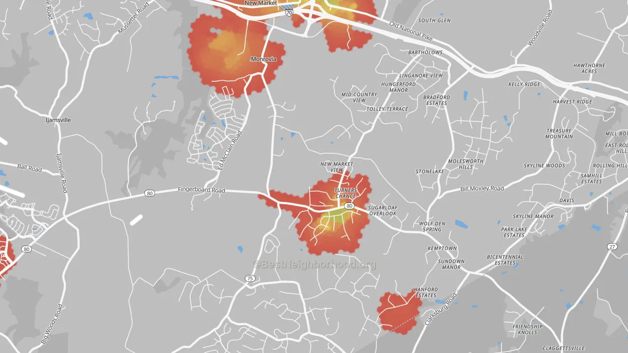 Walk Grade map of 21770, MD, walkable areas in green and car-dependent areas in red