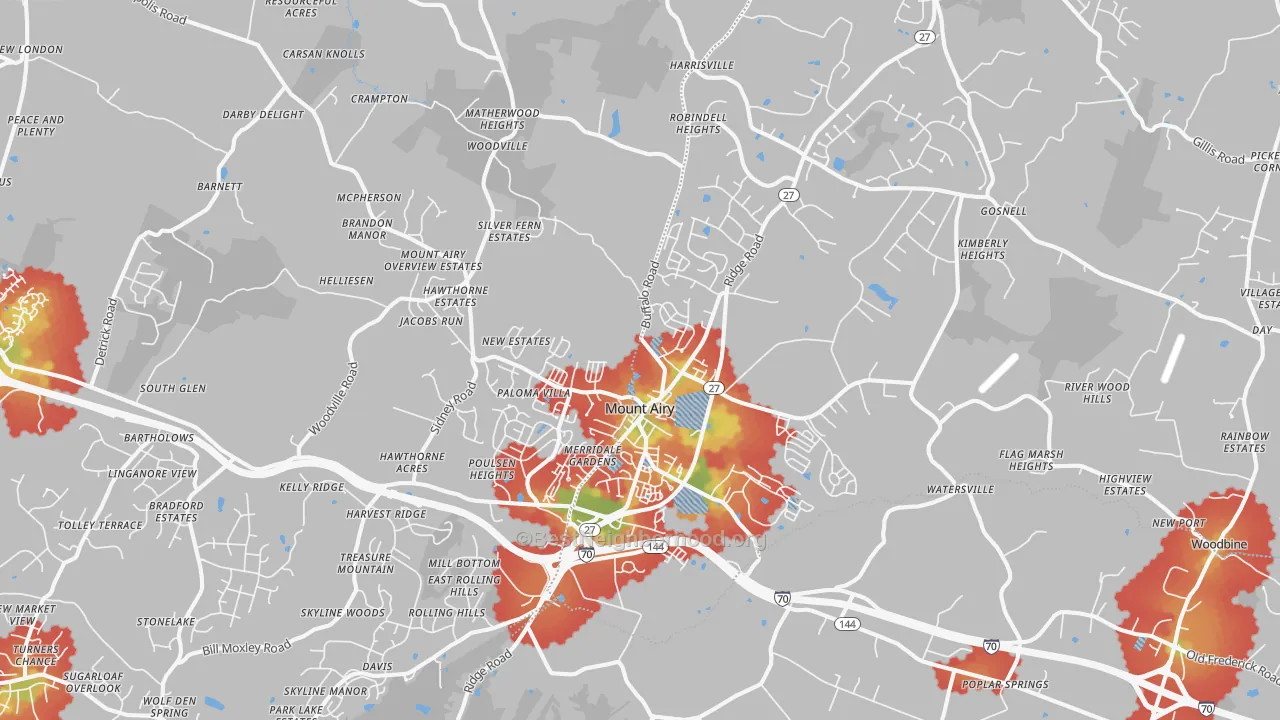 Walk Grade map of 21771, MD, walkable areas in green and car-dependent areas in red