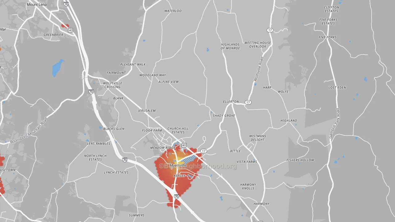 Walk Grade map of 21773, MD, walkable areas in green and car-dependent areas in red