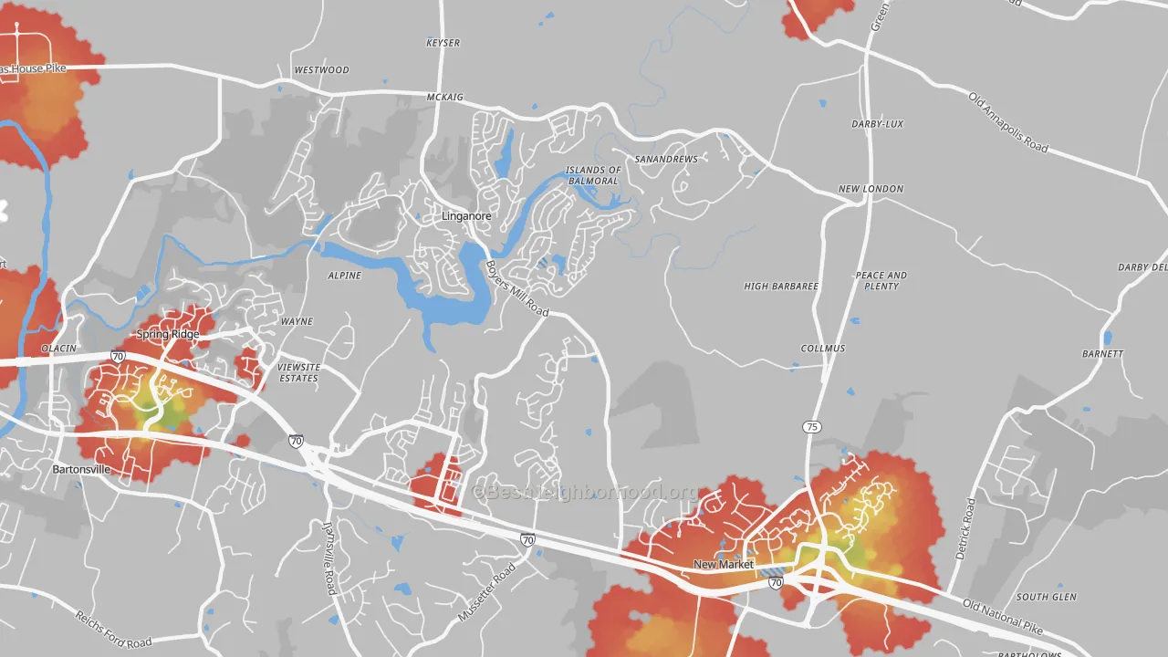 Walk Grade map of 21774, MD, walkable areas in green and car-dependent areas in red