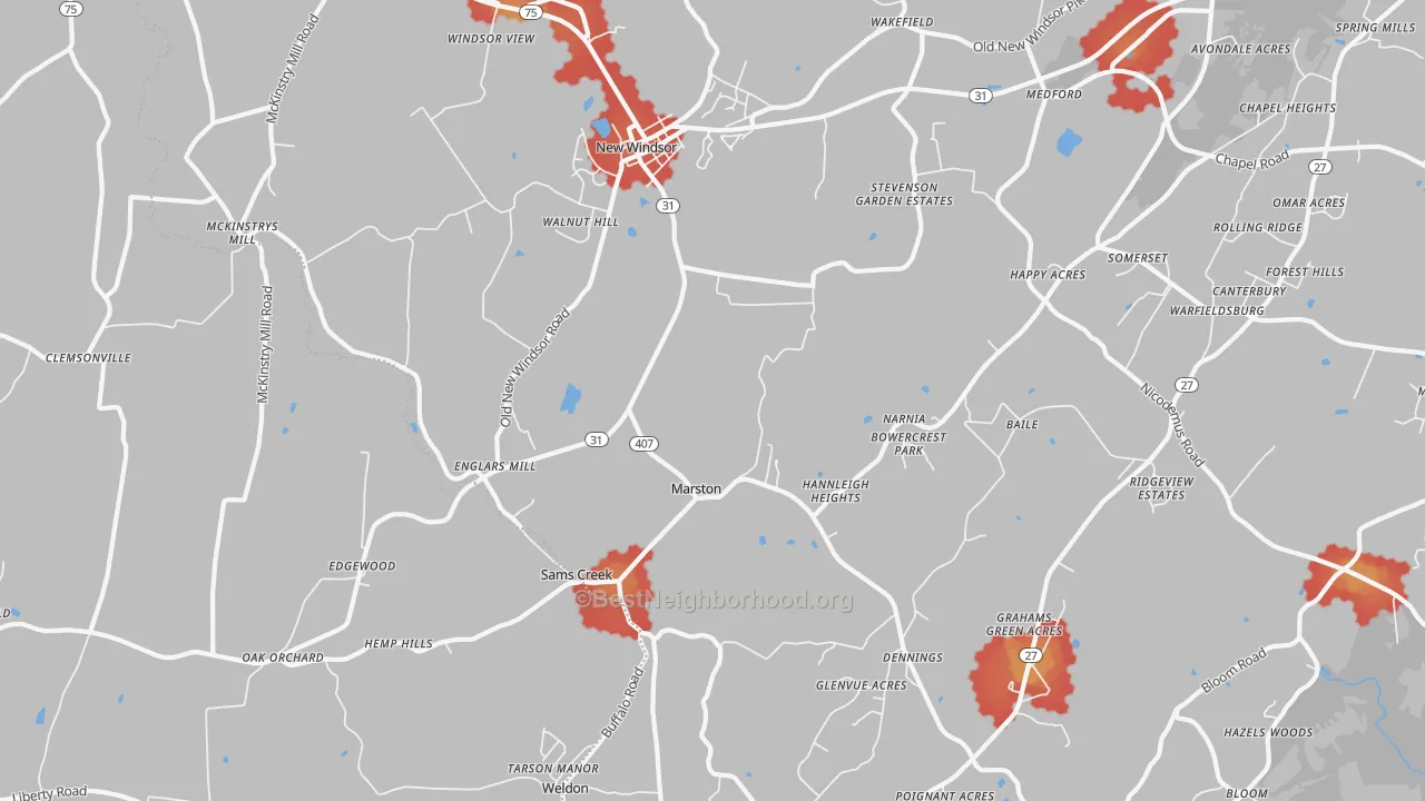 Walk Grade map of 21776, MD, walkable areas in green and car-dependent areas in red