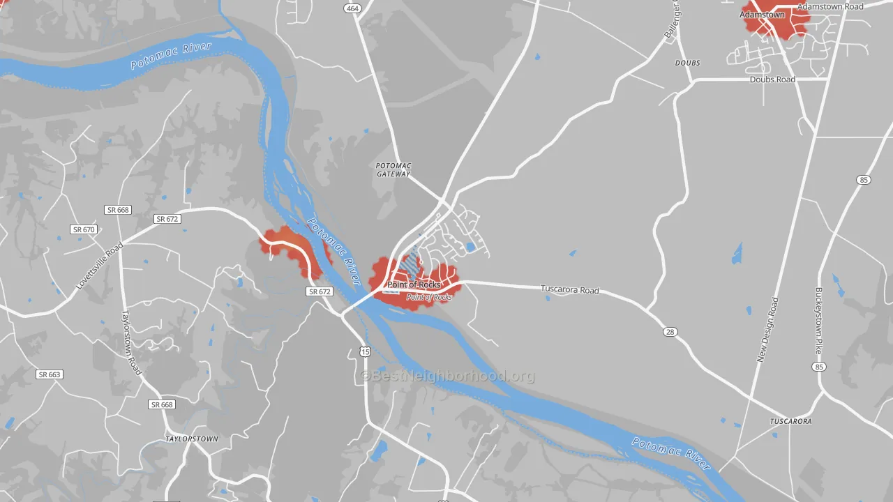 Walk Grade map of 21777, MD, walkable areas in green and car-dependent areas in red
