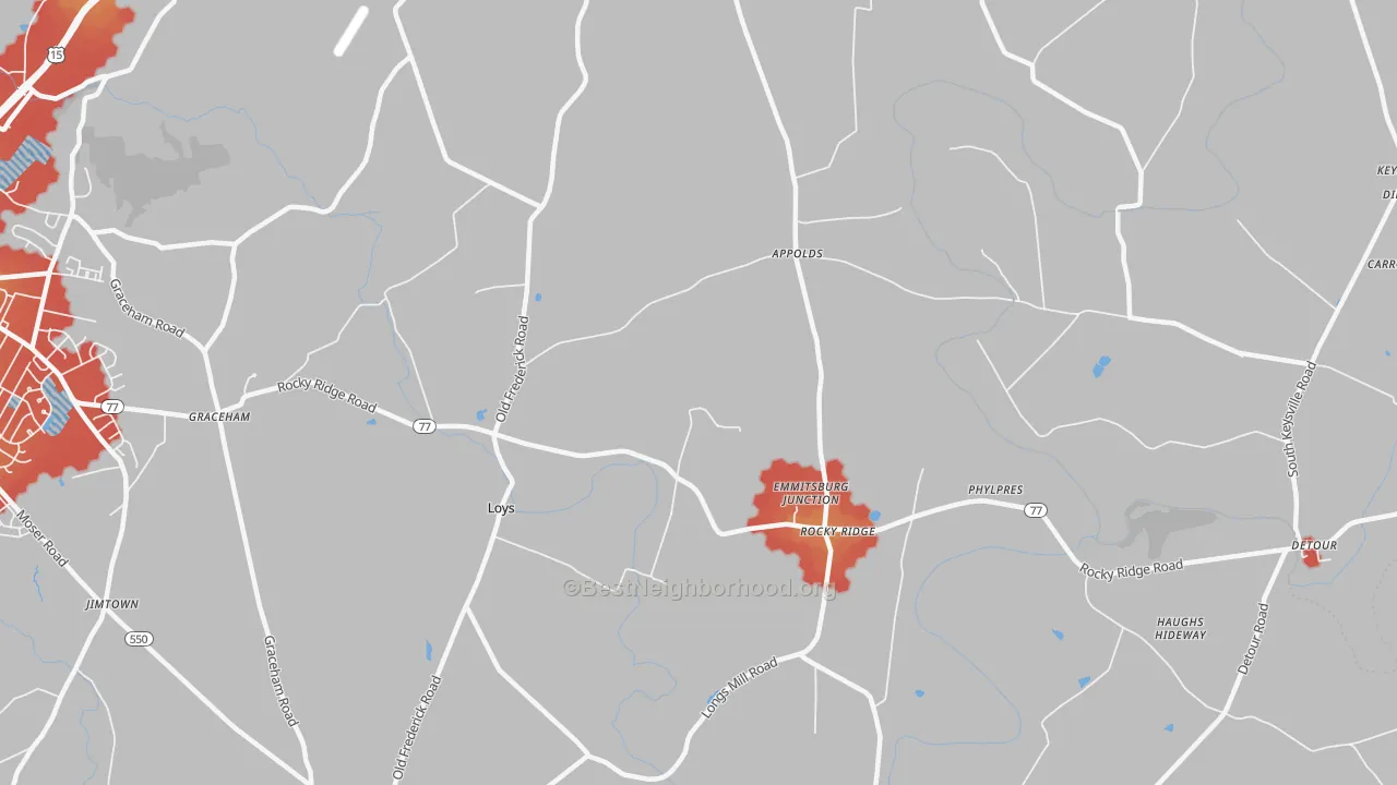 Walk Grade map of 21778, MD, walkable areas in green and car-dependent areas in red