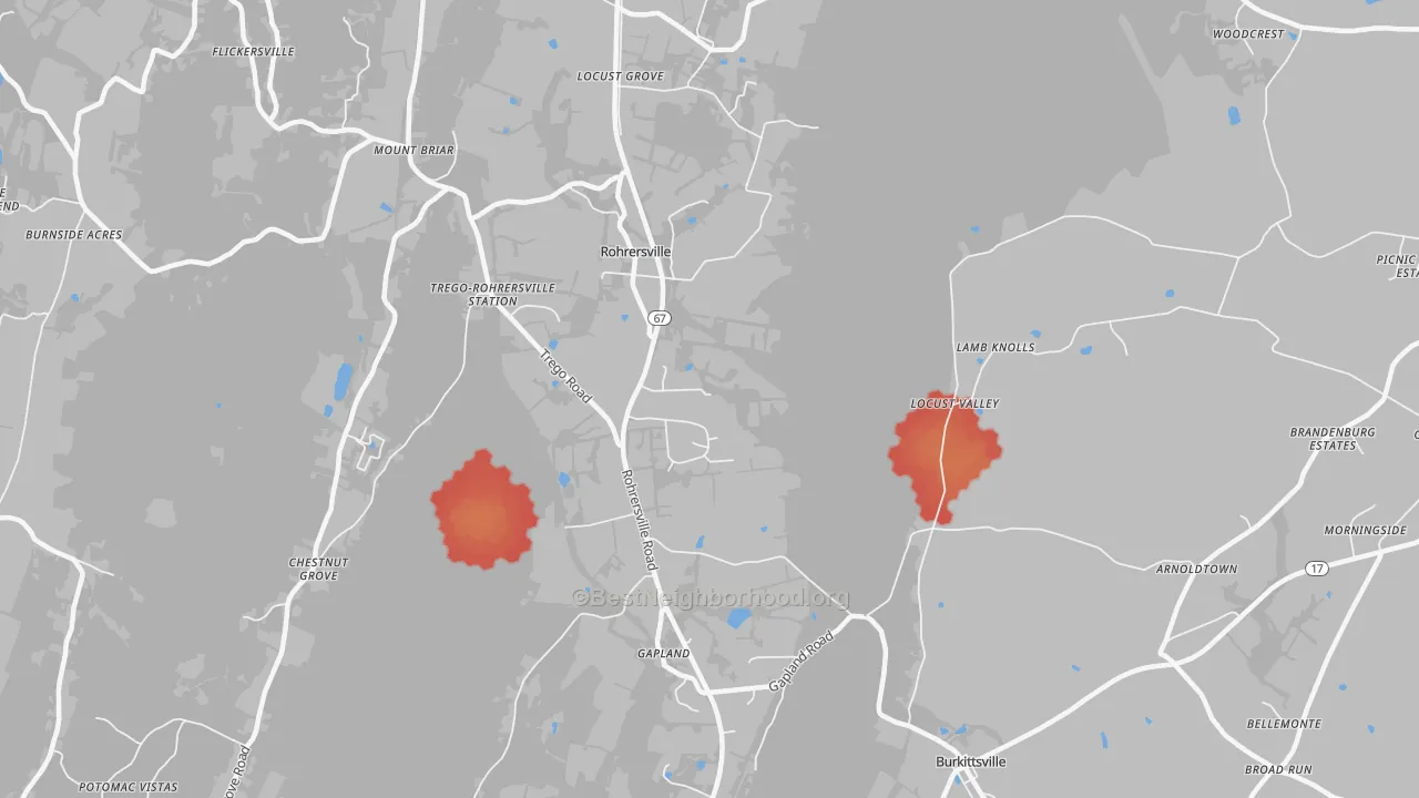 Walk Grade map of 21779, MD, walkable areas in green and car-dependent areas in red