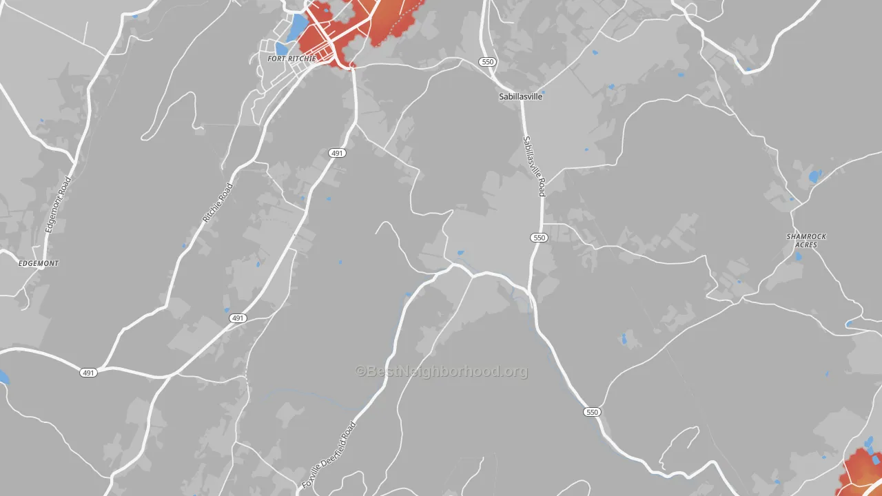 Walk Grade map of 21780, MD, walkable areas in green and car-dependent areas in red