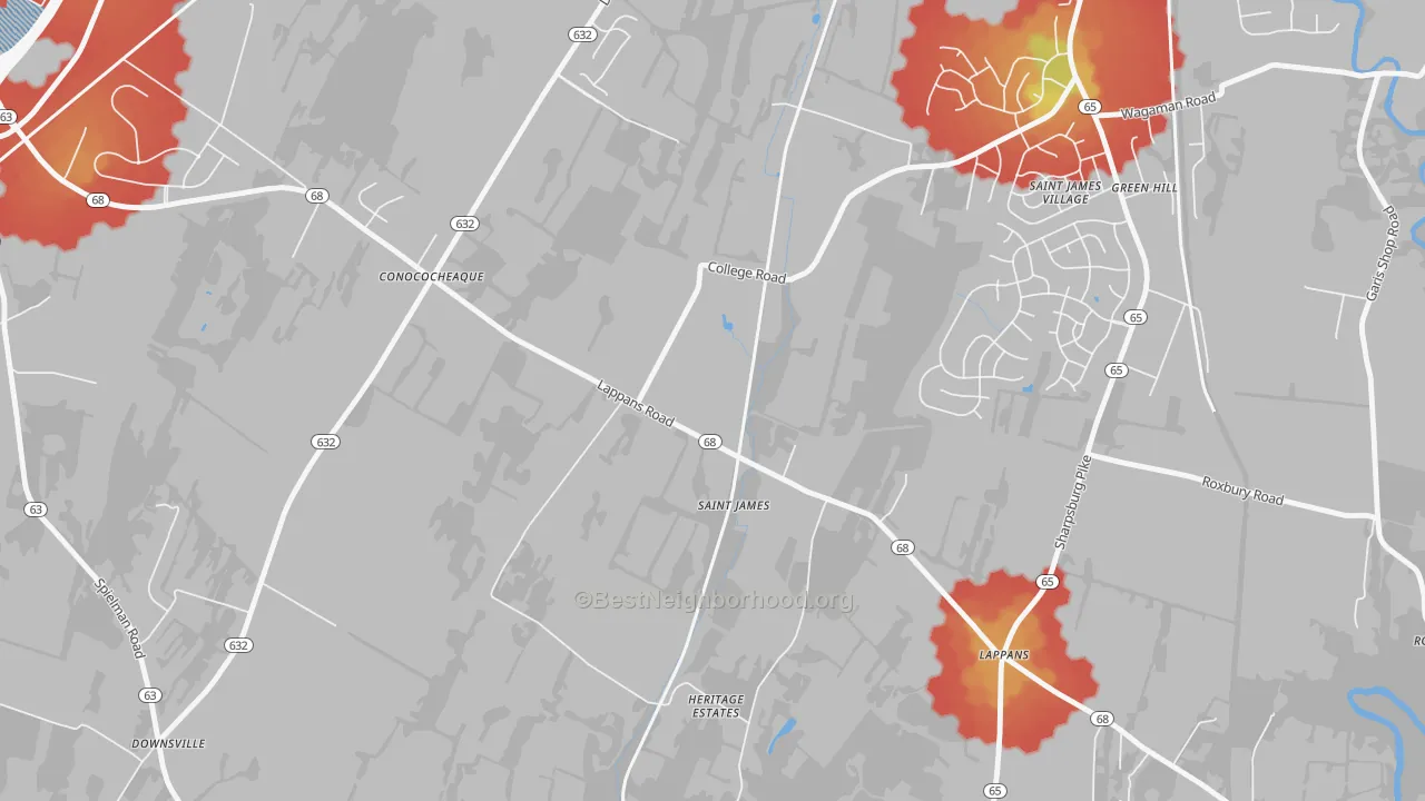 Walk Grade map of 21781, MD, walkable areas in green and car-dependent areas in red