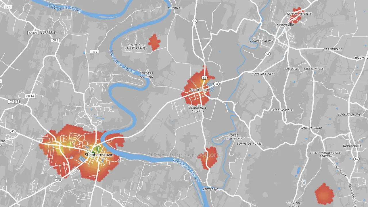 Walk Grade map of 21782, MD, walkable areas in green and car-dependent areas in red