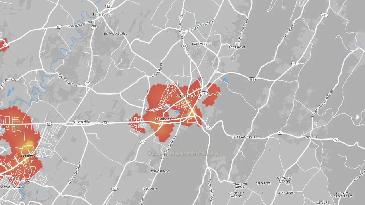 Walk Grade map of 21783, MD, walkable areas in green and car-dependent areas in red