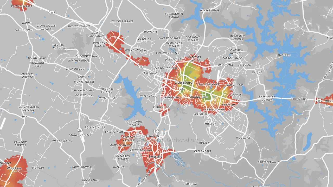 Walk Grade map of 21784, MD, walkable areas in green and car-dependent areas in red