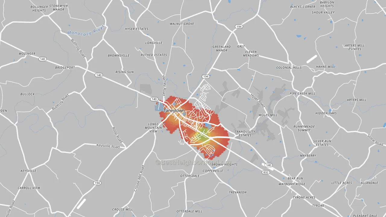 Walk Grade map of 21787, MD, walkable areas in green and car-dependent areas in red