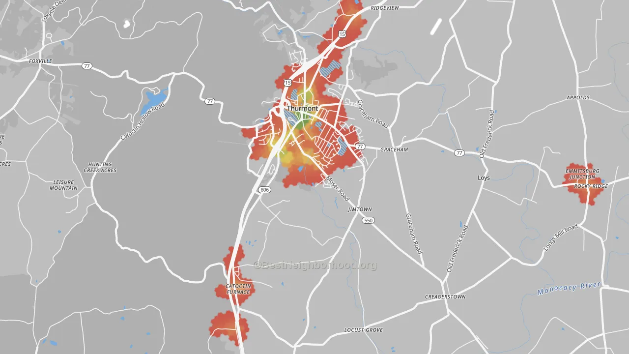 Walk Grade map of 21788, MD, walkable areas in green and car-dependent areas in red