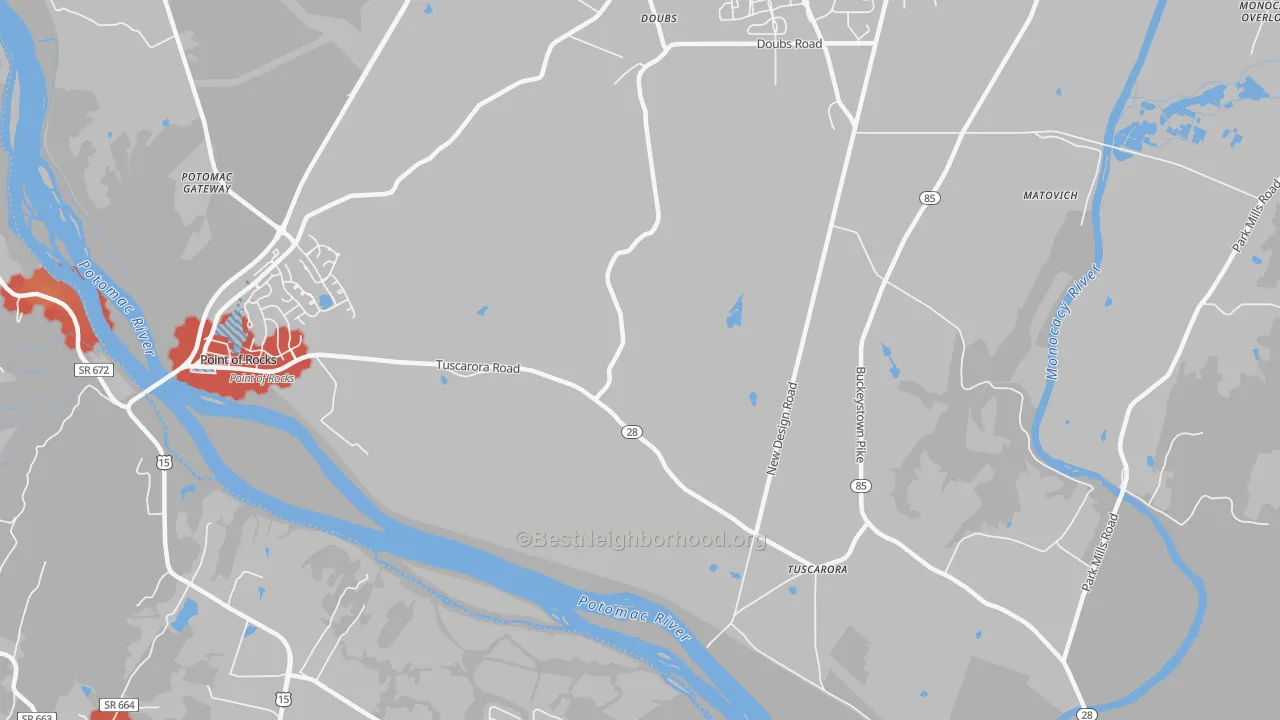 Walk Grade map of 21790, MD, walkable areas in green and car-dependent areas in red