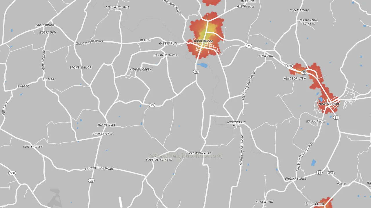 Walk Grade map of 21791, MD, walkable areas in green and car-dependent areas in red
