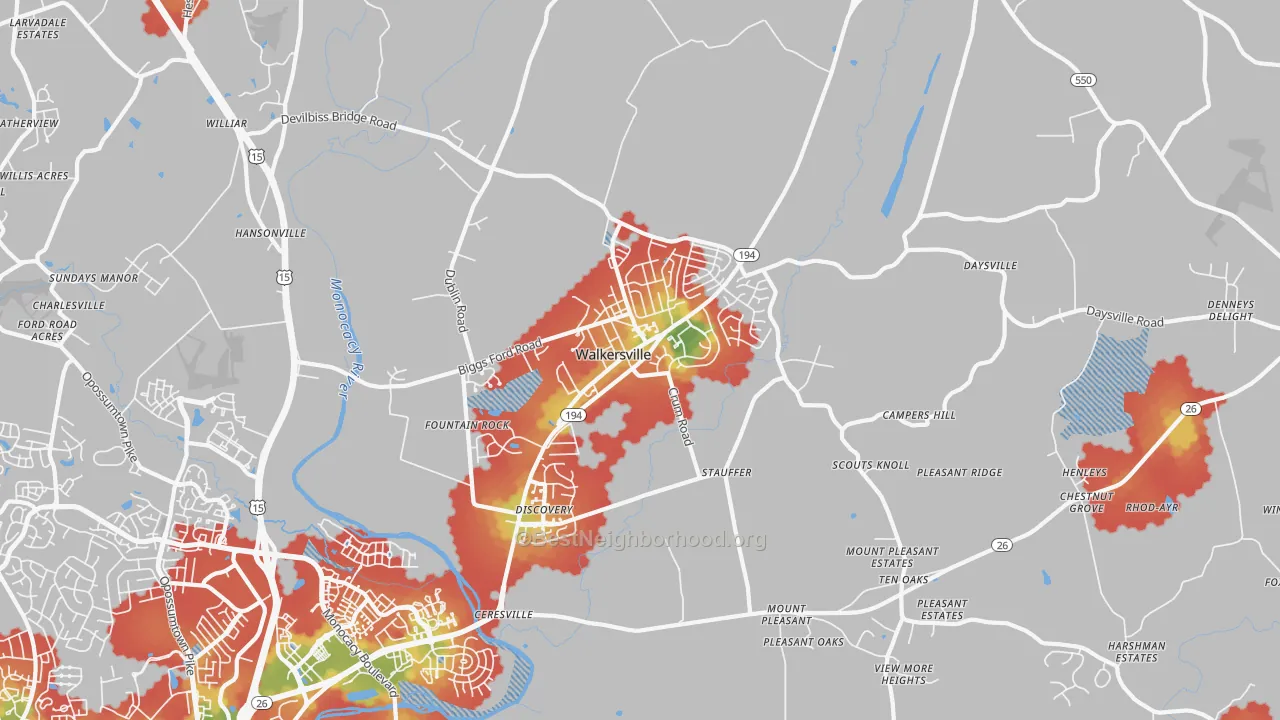 Walk Grade map of 21793, MD, walkable areas in green and car-dependent areas in red