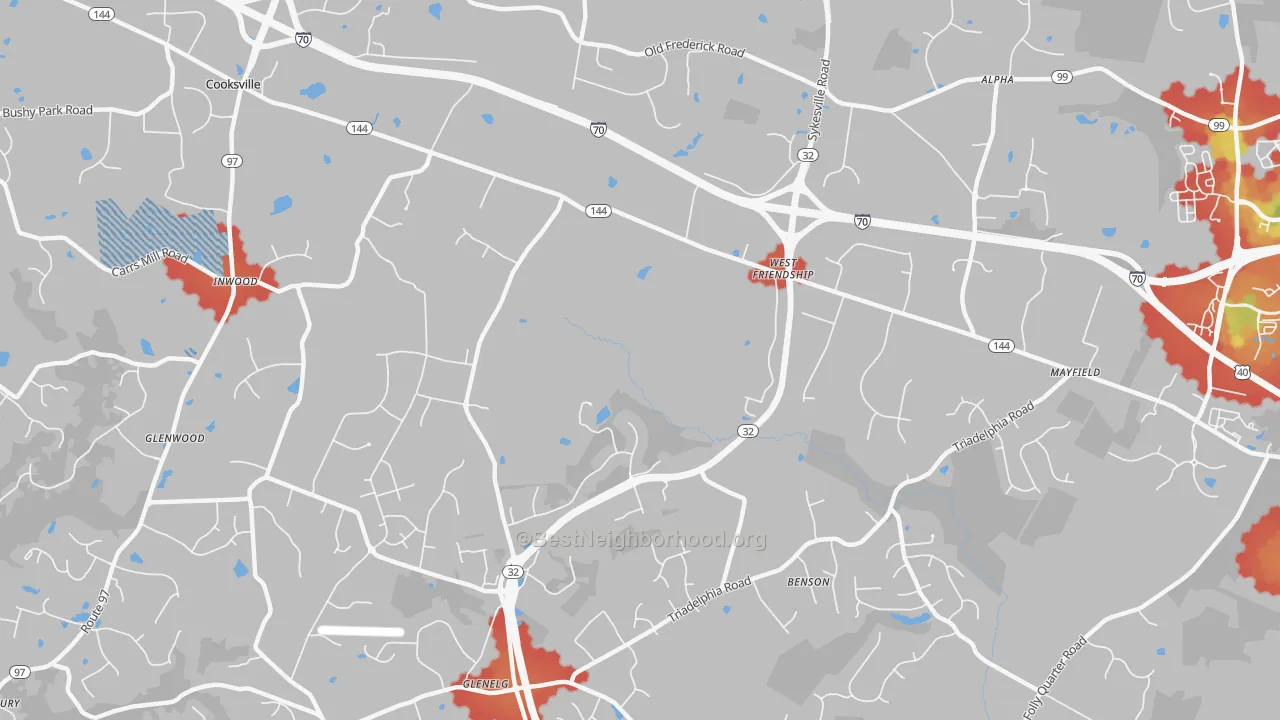 Walk Grade map of 21794, MD, walkable areas in green and car-dependent areas in red