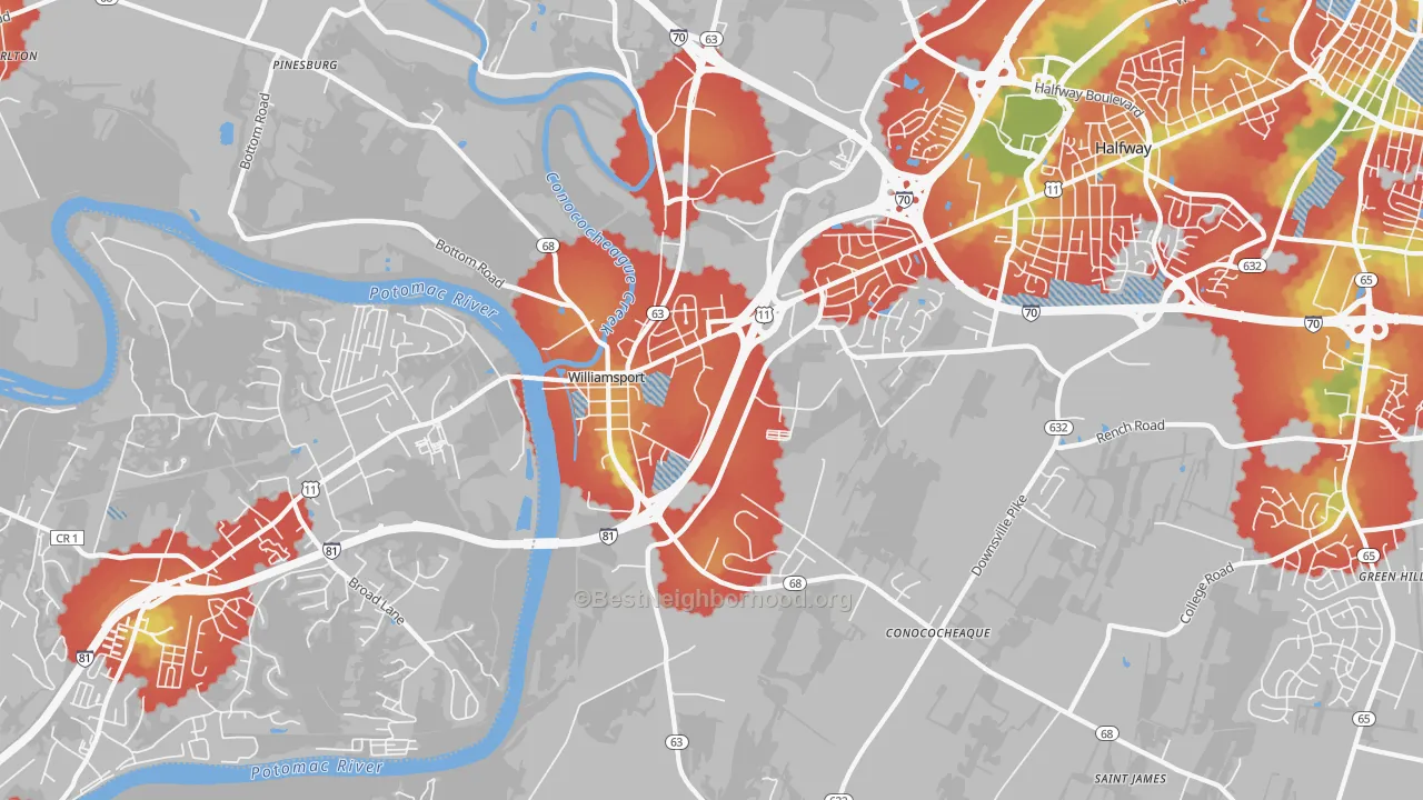 Walk Grade map of 21795, MD, walkable areas in green and car-dependent areas in red