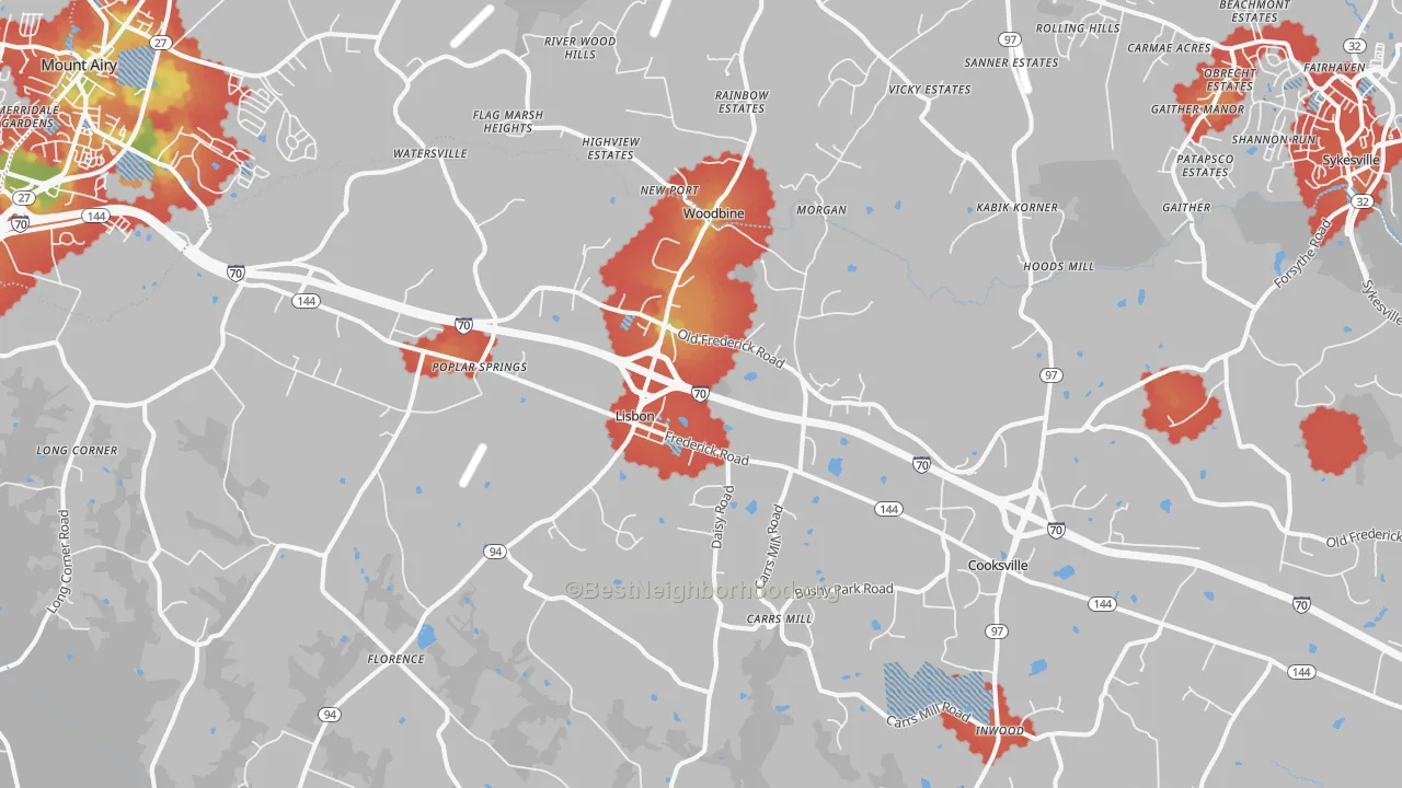 Walk Grade map of 21797, MD, walkable areas in green and car-dependent areas in red