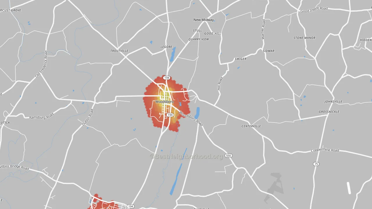 Walk Grade map of 21798, MD, walkable areas in green and car-dependent areas in red