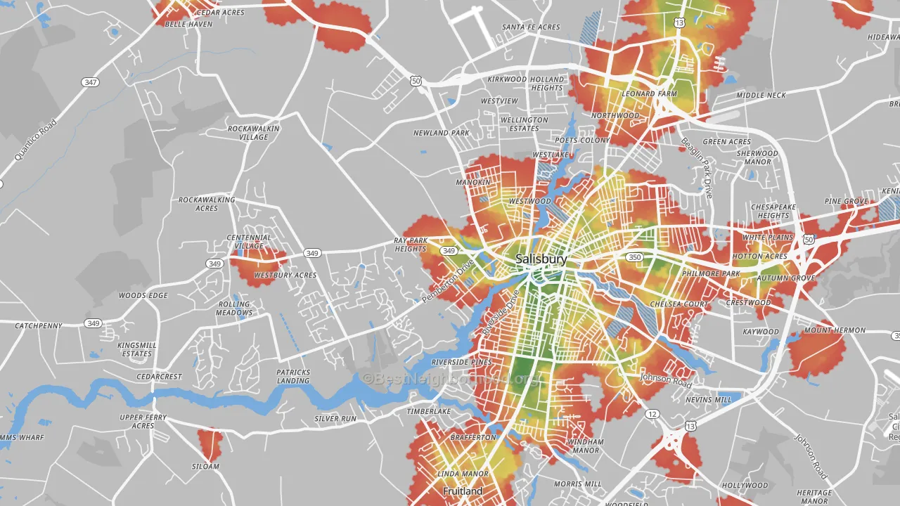 Walk Grade map of 21801, MD, walkable areas in green and car-dependent areas in red