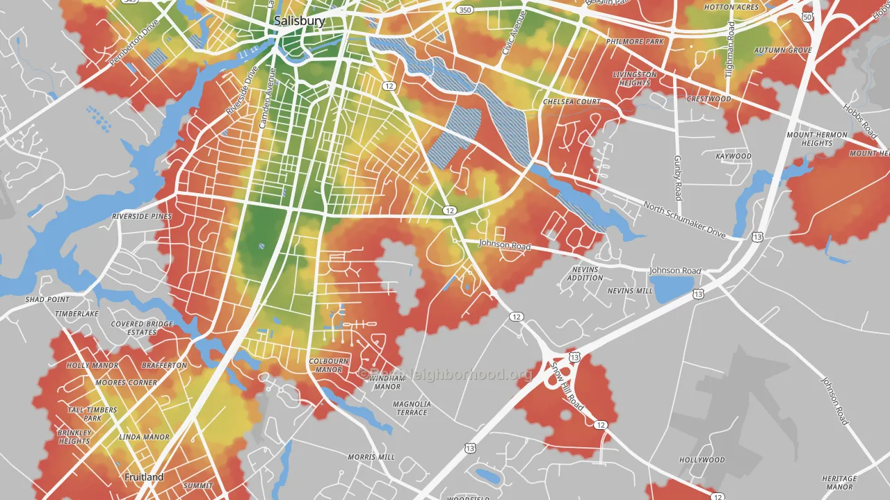 Walk Grade map of 21802, MD, walkable areas in green and car-dependent areas in red