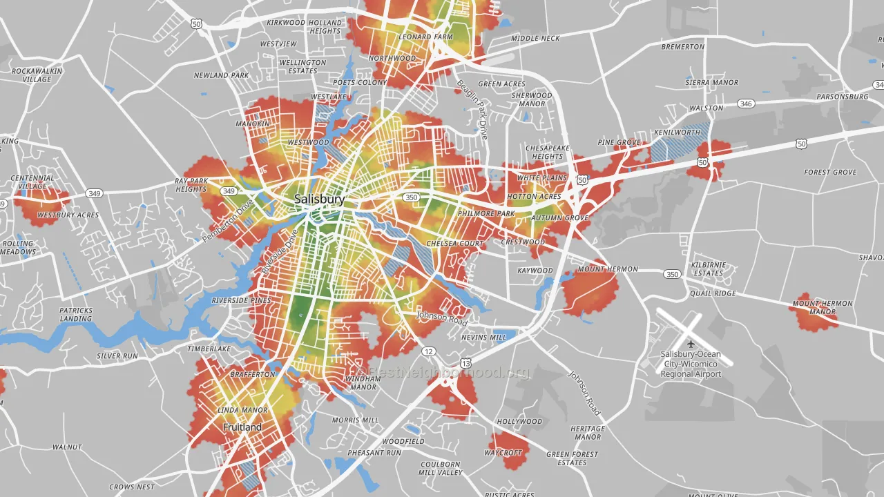 Walk Grade map of 21804, MD, walkable areas in green and car-dependent areas in red