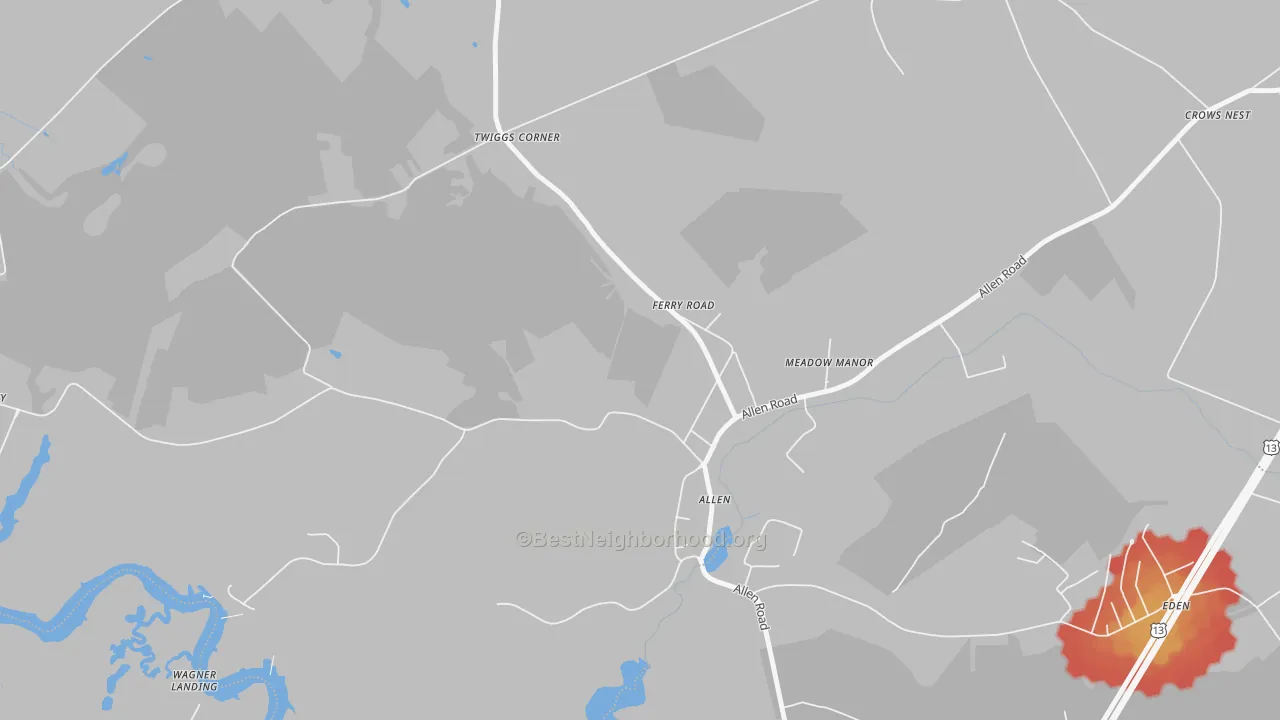 Walk Grade map of 21810, MD, walkable areas in green and car-dependent areas in red