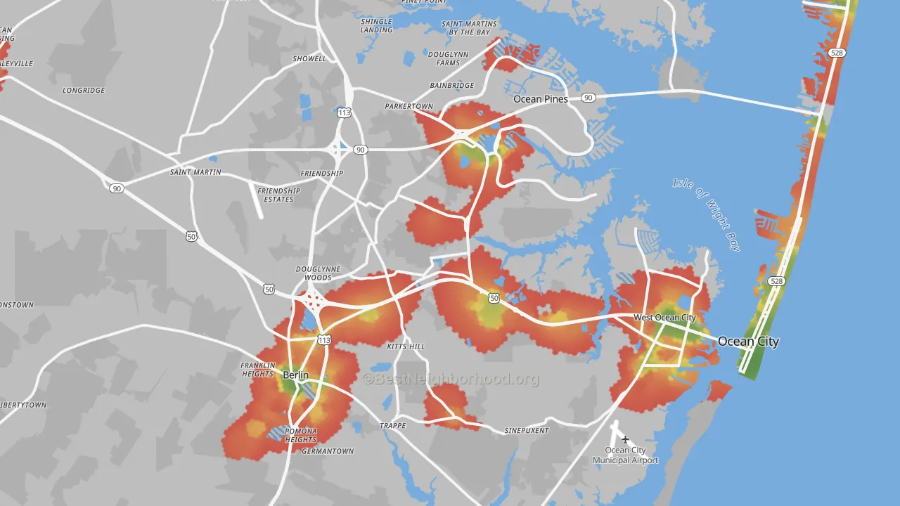 Walk Grade map of 21811, MD, walkable areas in green and car-dependent areas in red