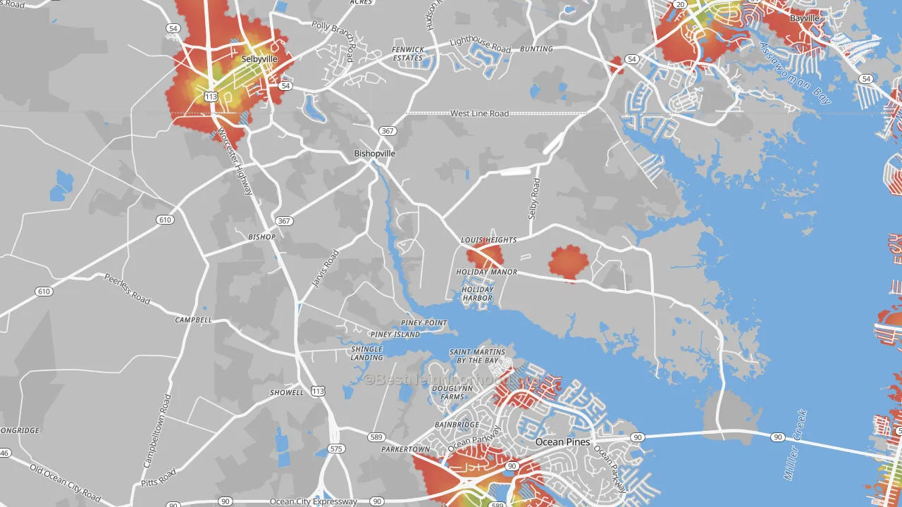 Walk Grade map of 21813, MD, walkable areas in green and car-dependent areas in red