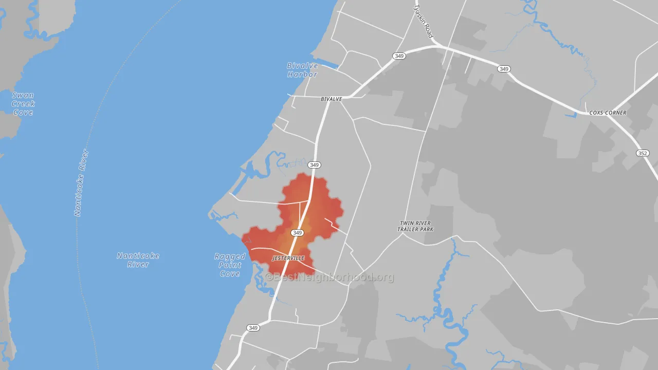 Walk Grade map of 21814, MD, walkable areas in green and car-dependent areas in red