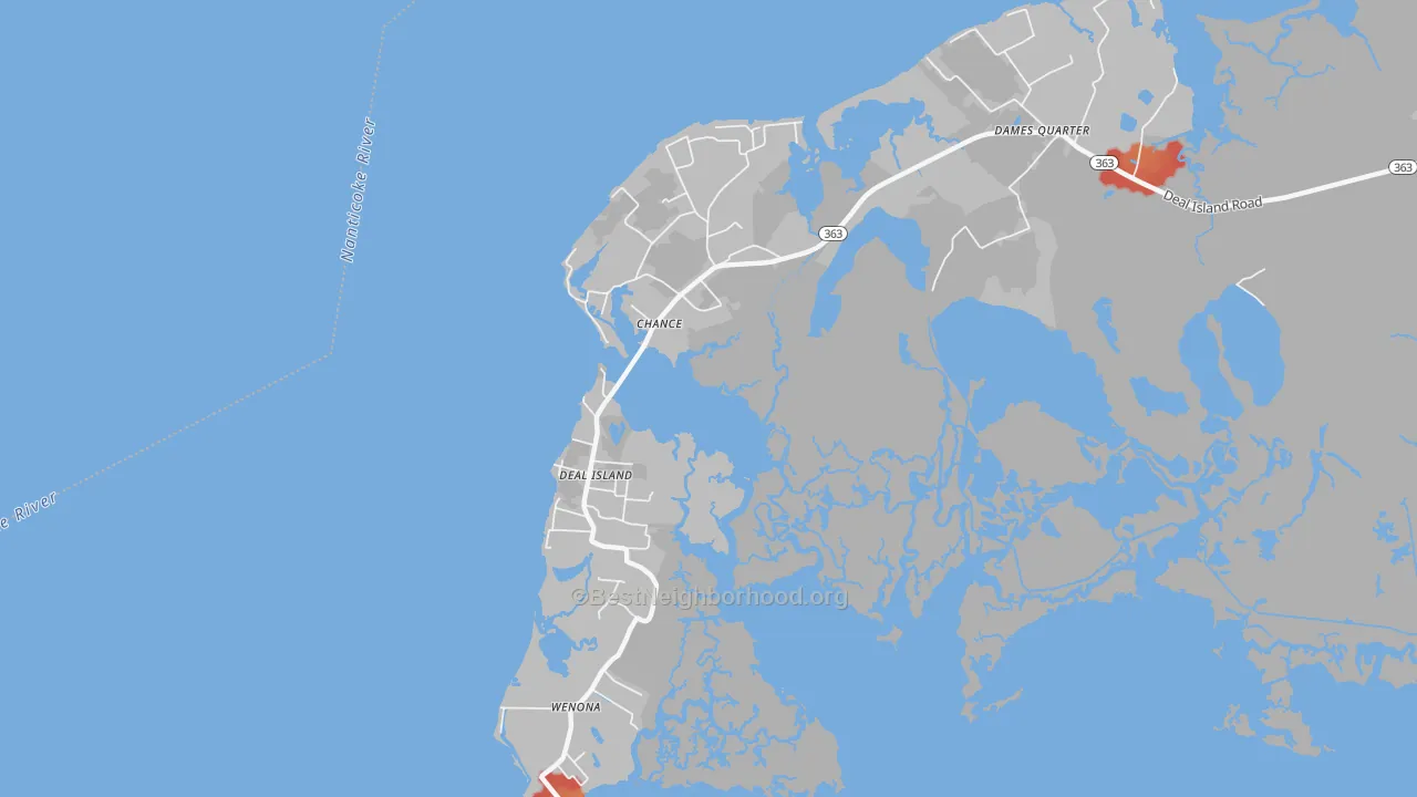 Walk Grade map of 21821, MD, walkable areas in green and car-dependent areas in red