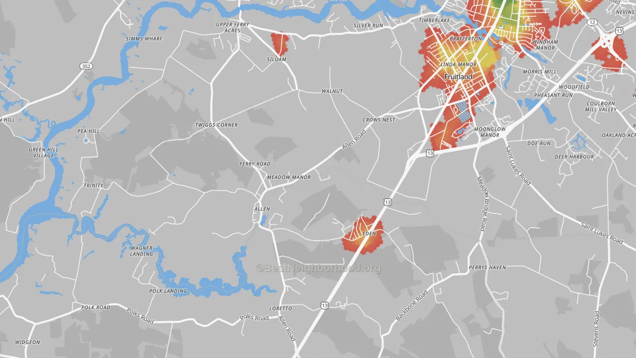 Walk Grade map of 21822, MD, walkable areas in green and car-dependent areas in red