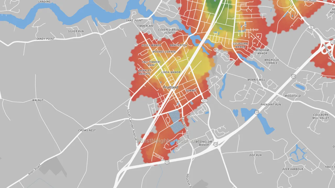 Walk Grade map of 21826, MD, walkable areas in green and car-dependent areas in red