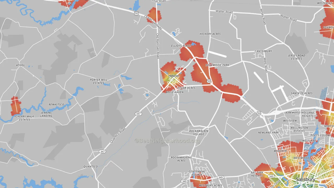 Walk Grade map of 21830, MD, walkable areas in green and car-dependent areas in red