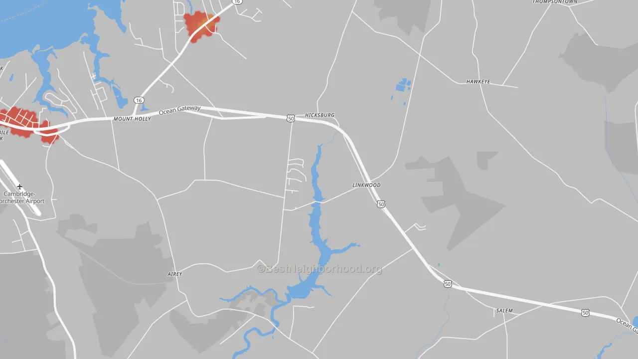 Walk Grade map of 21835, MD, walkable areas in green and car-dependent areas in red