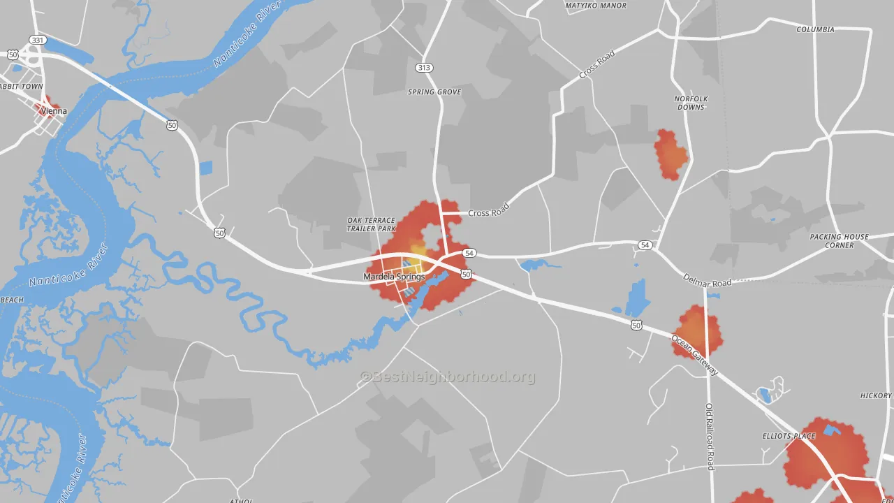 Walk Grade map of 21837, MD, walkable areas in green and car-dependent areas in red