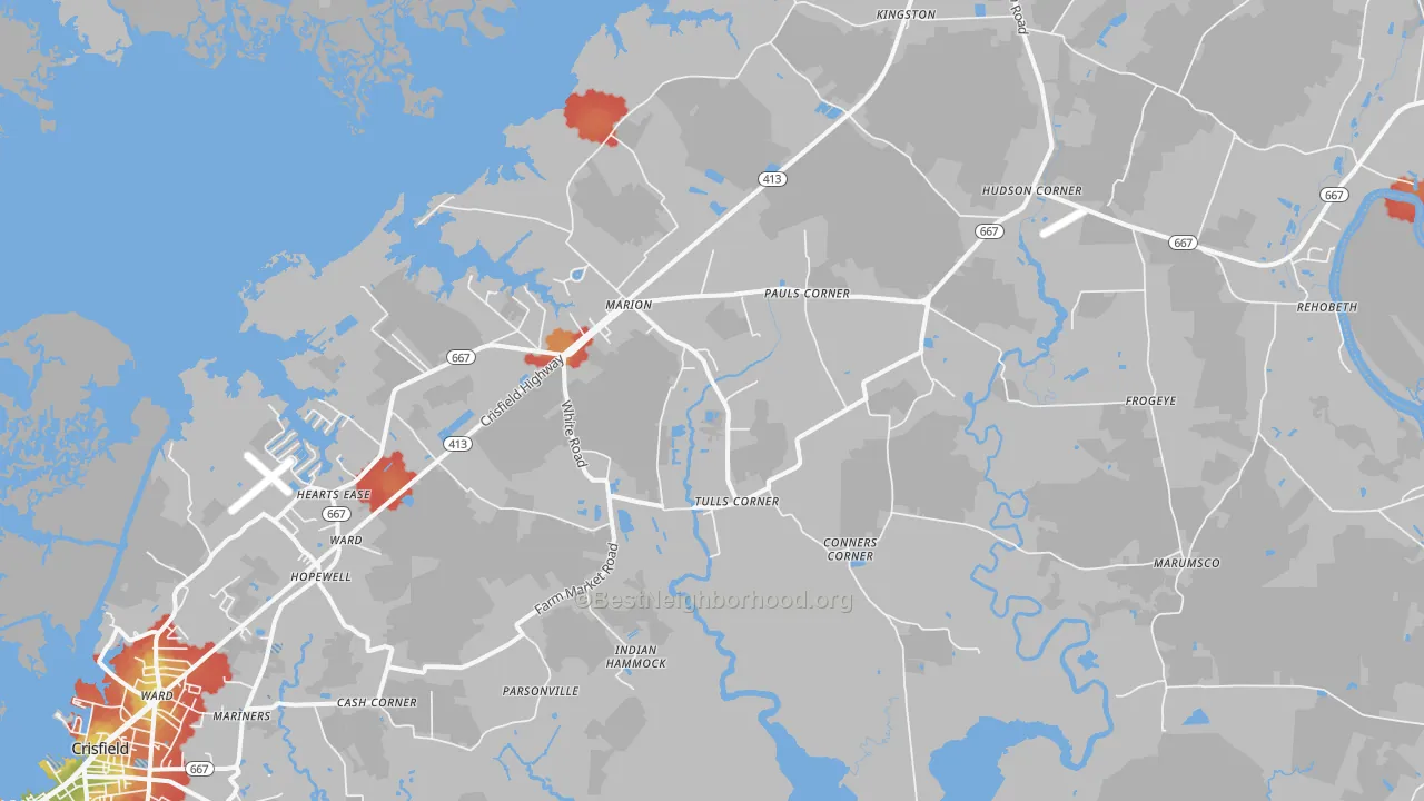 Walk Grade map of 21838, MD, walkable areas in green and car-dependent areas in red
