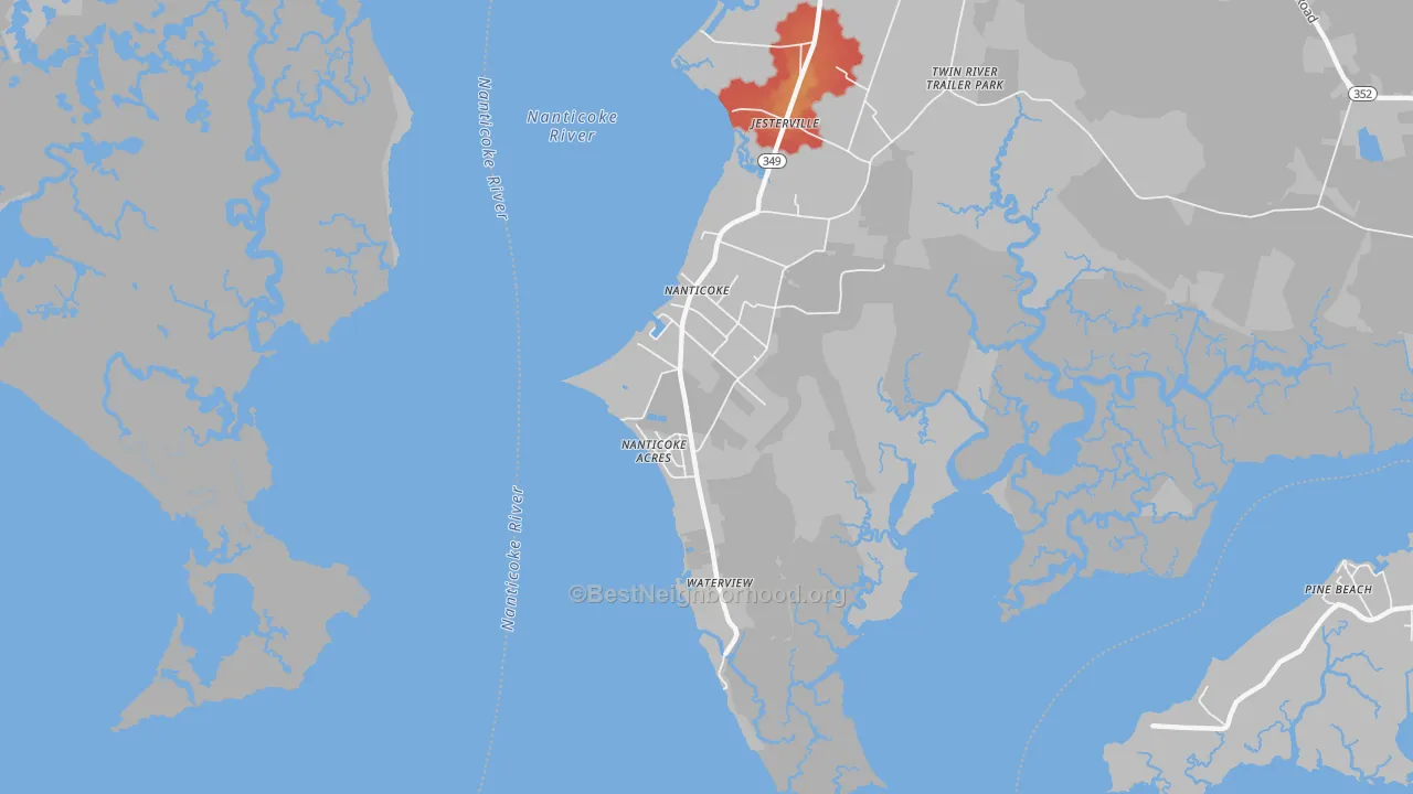 Walk Grade map of 21840, MD, walkable areas in green and car-dependent areas in red