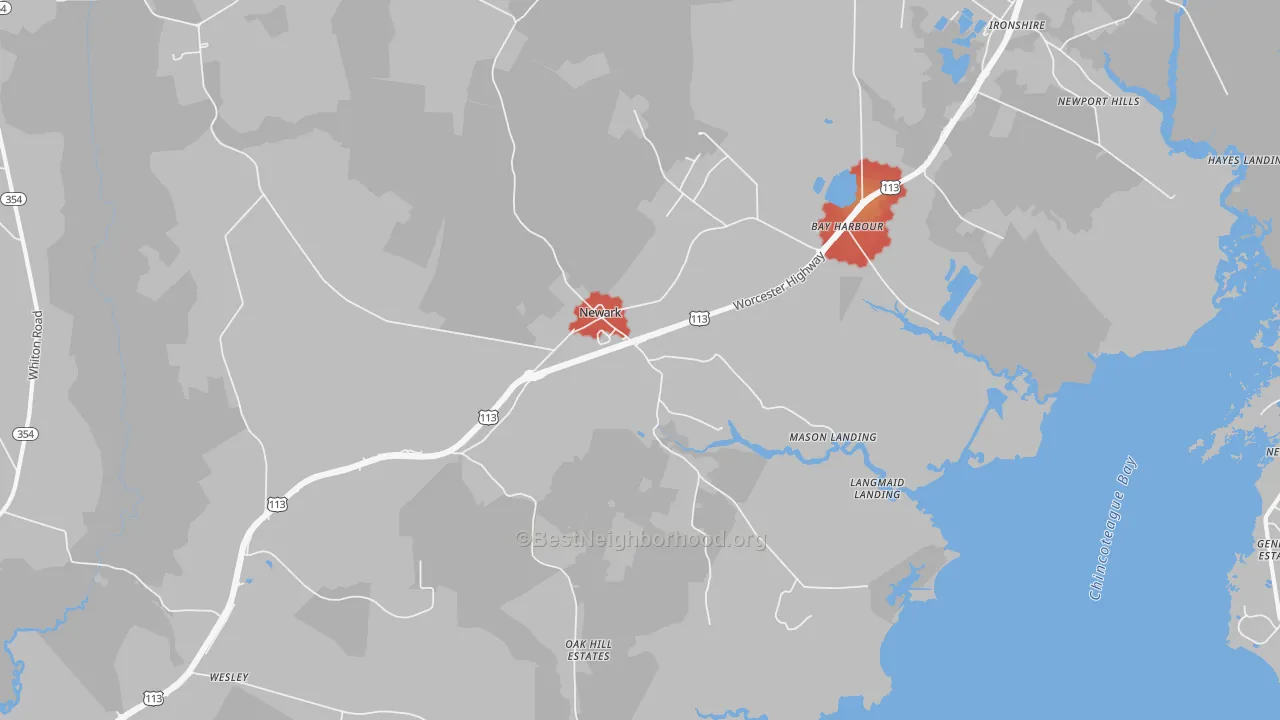 Walk Grade map of 21841, MD, walkable areas in green and car-dependent areas in red
