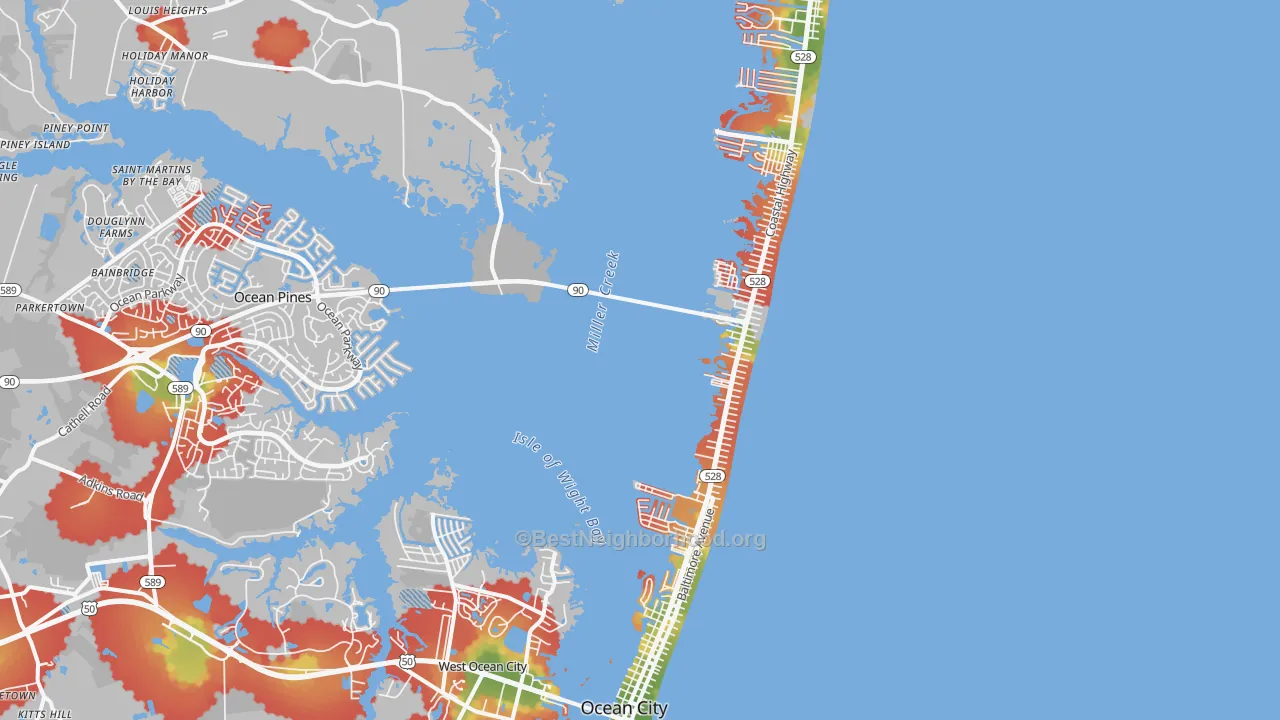 Walk Grade map of 21842, MD, walkable areas in green and car-dependent areas in red