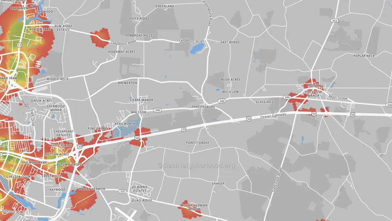 Walk Grade map of 21849, MD, walkable areas in green and car-dependent areas in red