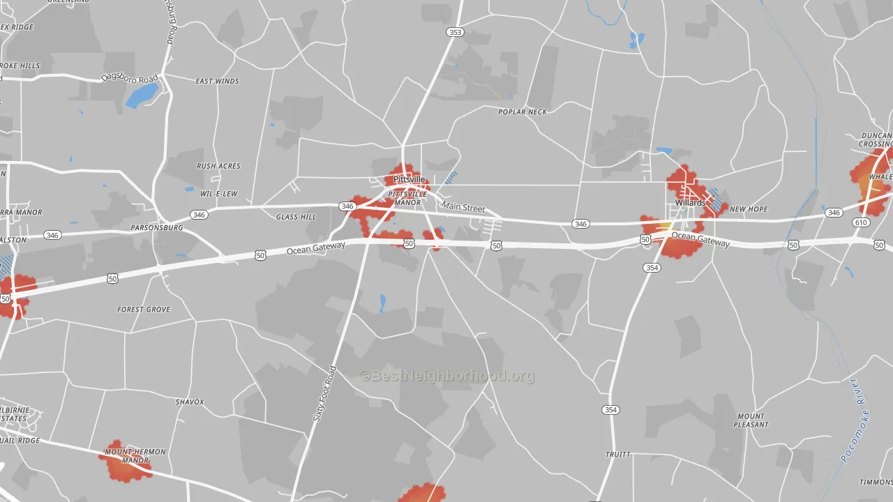 Walk Grade map of 21850, MD, walkable areas in green and car-dependent areas in red