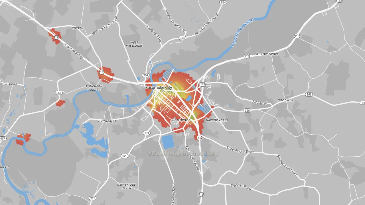 Walk Grade map of 21851, MD, walkable areas in green and car-dependent areas in red