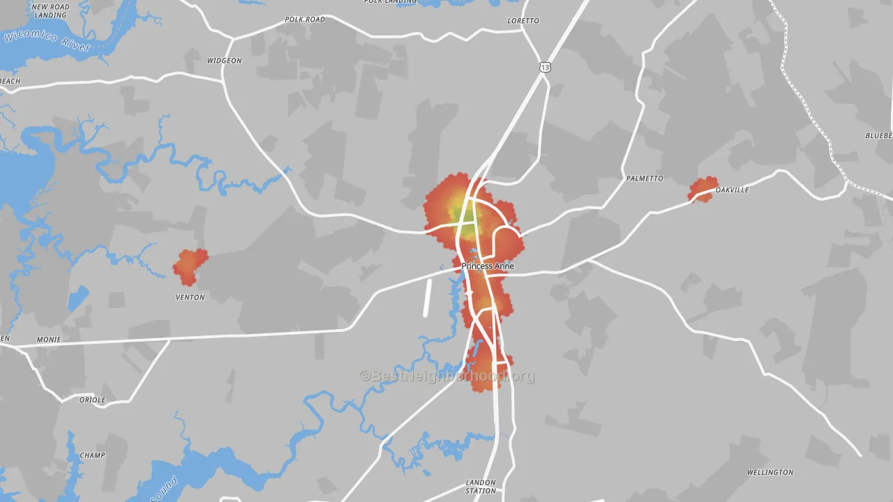 Walk Grade map of 21853, MD, walkable areas in green and car-dependent areas in red