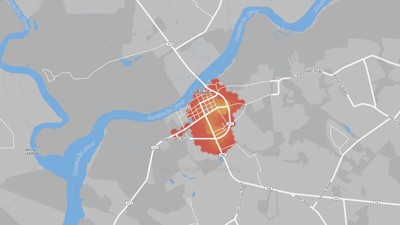 Walk Grade map of 21861, MD, walkable areas in green and car-dependent areas in red