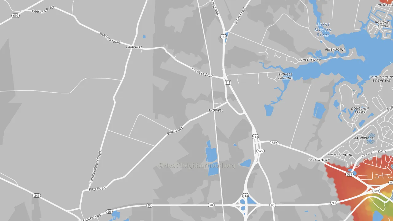 Walk Grade map of 21862, MD, walkable areas in green and car-dependent areas in red