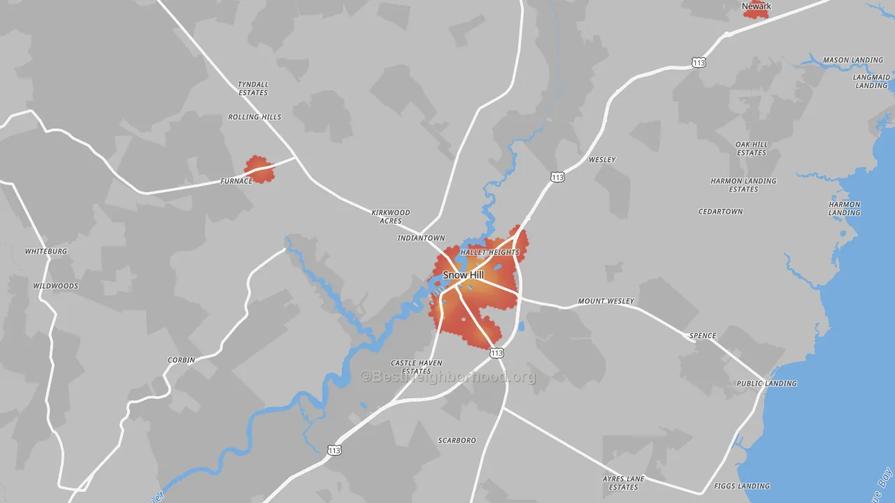 Walk Grade map of 21863, MD, walkable areas in green and car-dependent areas in red