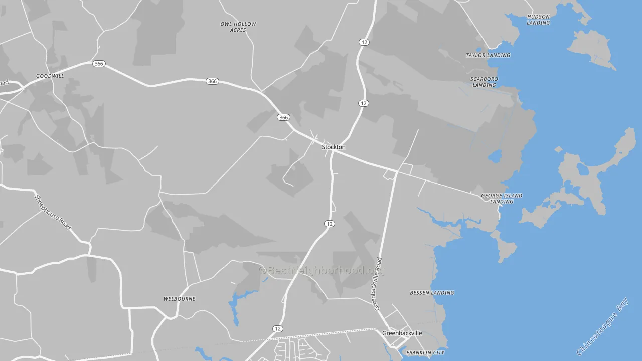 Walk Grade map of 21864, MD, walkable areas in green and car-dependent areas in red
